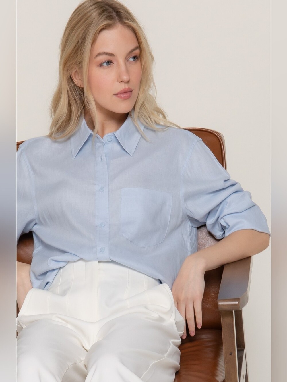 Active USA Long Sleeve Blue Linen Blend Button Front Collared Shirt